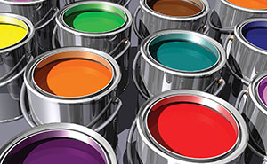 open gallons of assorted paint colors